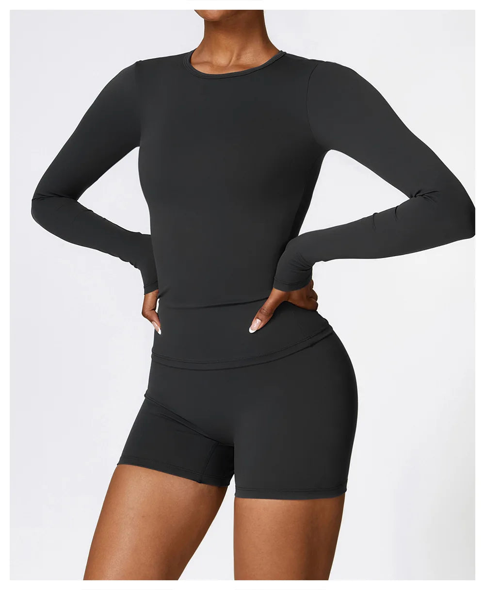 Seamless Harmony Yoga Set - Long Sleeve Tee & Shorts