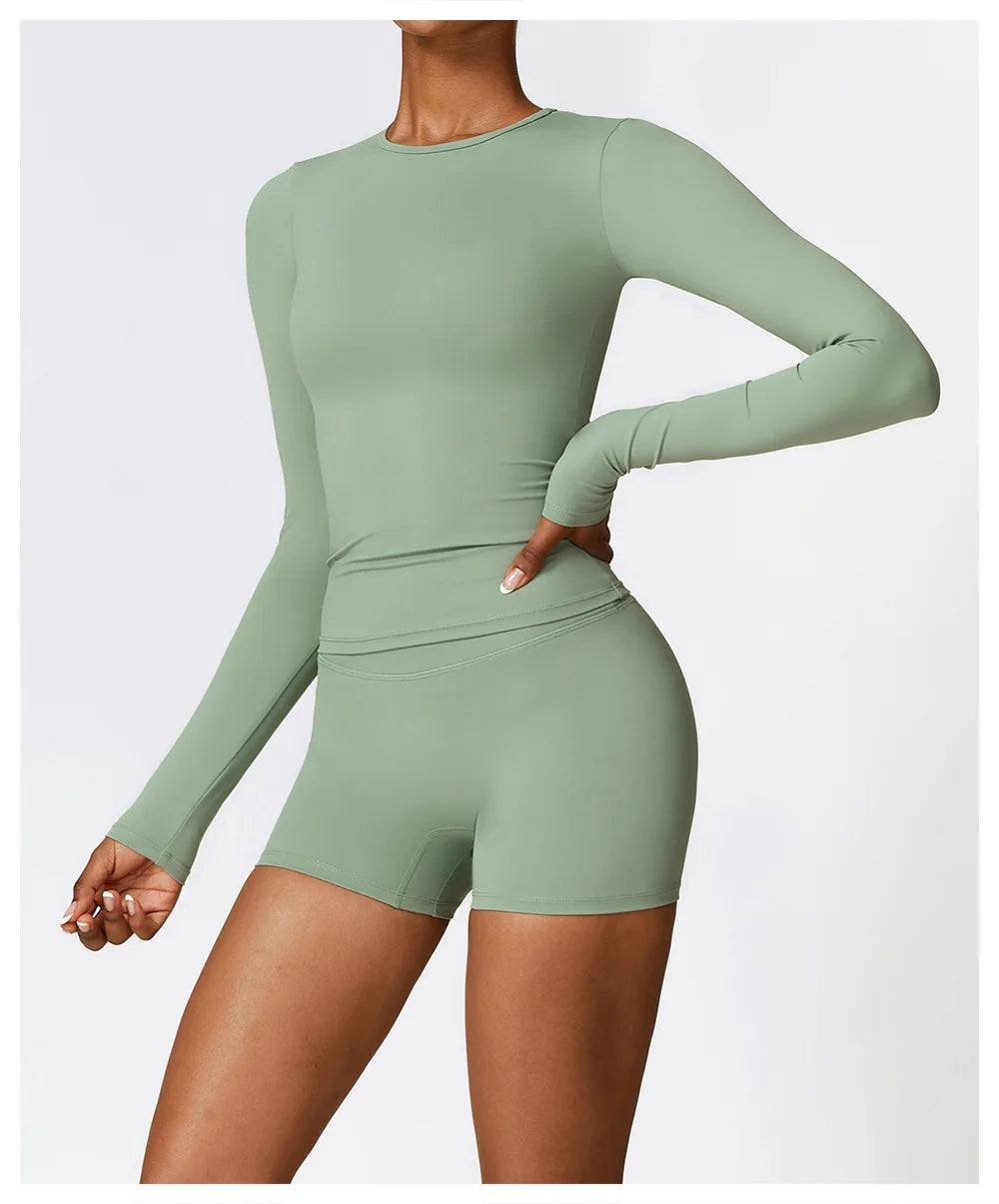 Seamless Harmony Yoga Set - Long Sleeve Tee & Shorts